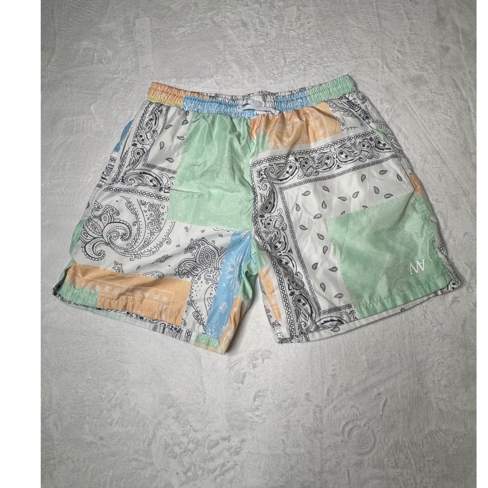 Men XL Paisley Bandana Patchwork Swim Trunks Shorts Mesh Lined Pastel Resort Y2K